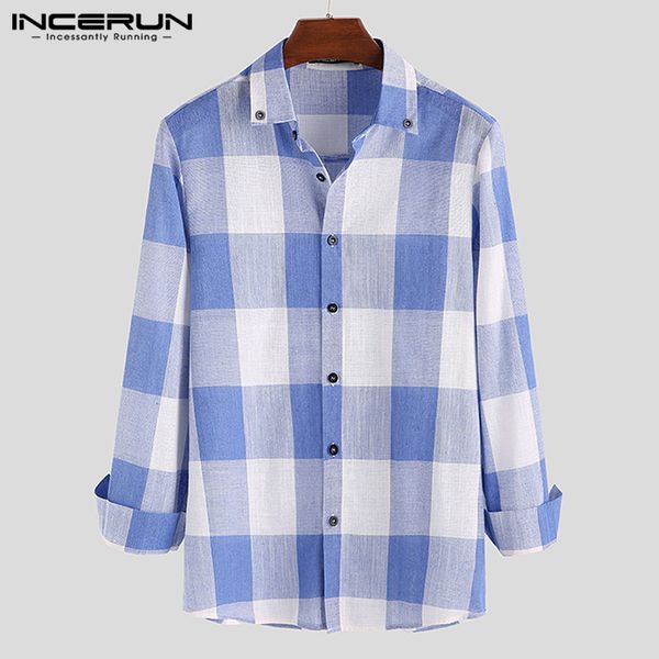 

incerun fashion men classic plaid shirt long sleeve lapel autumn blouse brand fitness casual men shirts camisa 2019 streetwear, White;black