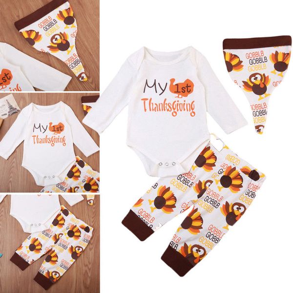 

3pcs newborn baby thanksgiving set baby boy girl long sleeve romper pants caps outfits set clothes romper trousers 0-18m, White