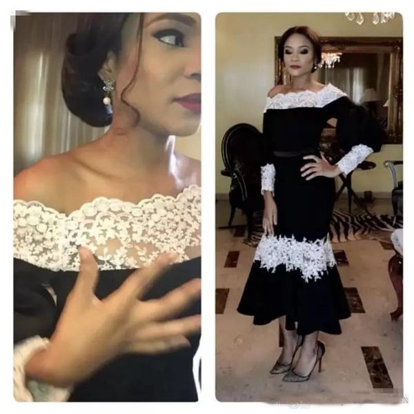 

Chic Black Prom Dresses 2019 White Lace Applique Long Sleeve Ankle Length Party Dress Sexy Off Shoulder Women Cocktail Dresses