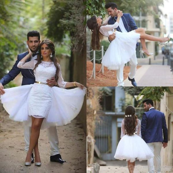 

2019 Garden Backless Sheath Lace Short Wedding Dress Three Quarter Sleeve New Bridal Gowns Tulle Sash Modern Romantic Custom Made