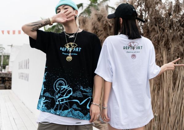 

starry designer chang e rushes to the moon print men and women short-sleeved cotton t-shirt brand, summer new product recommendation, White;black