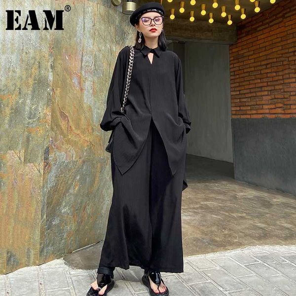 

eam] irregular shirt wide leg pants two piece suit new lapel long sleeve black loose fit women fashion spring autumn 2020 1s008, White