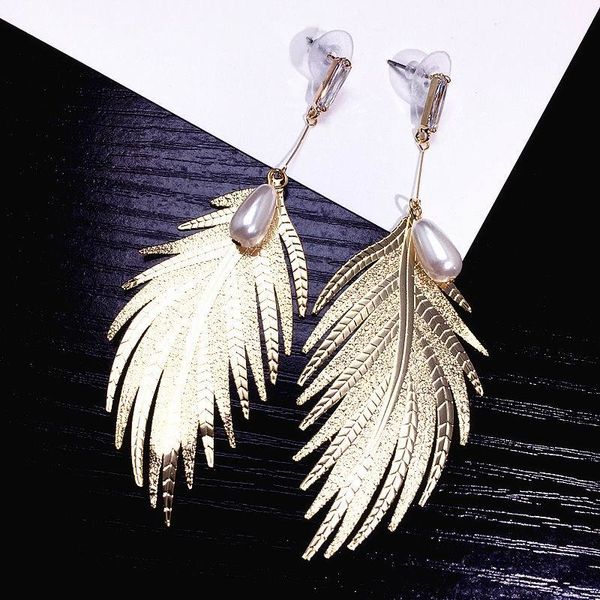 

big metal leaf feather statement earrings for women bijoux long earrings fashion jewelry party gold-color accessories, Silver