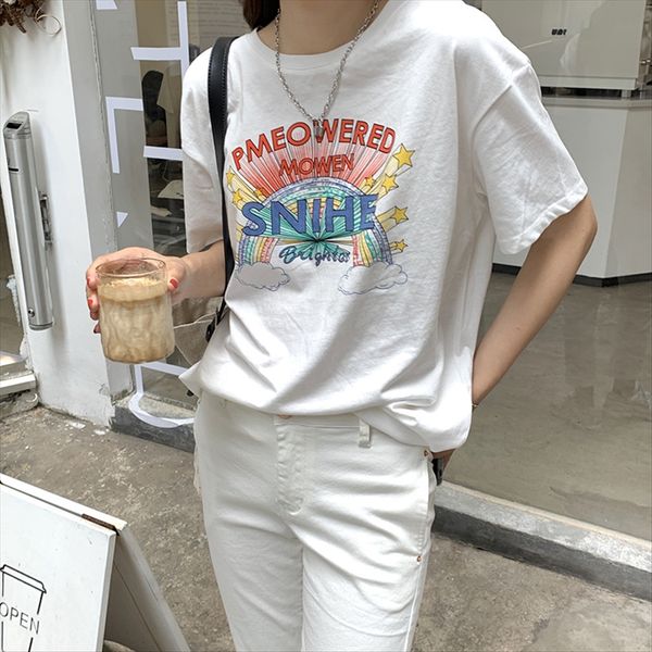 

huang bo] rainbow letter large area printing short-sleeved t-shirt women 2020 loose t81948 [huang bo] rainbow letter large area printin, White