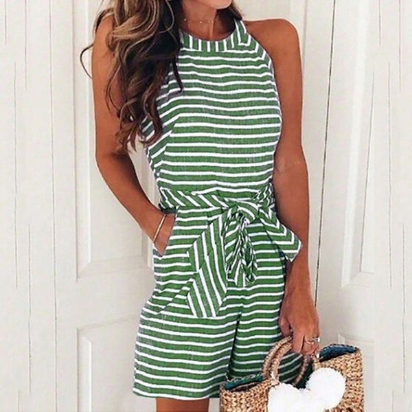 

fashion women o neck jumpsuits women stripe slim playsuit lace-up beach party off shoulder halter sleeveless rompers, Black;white