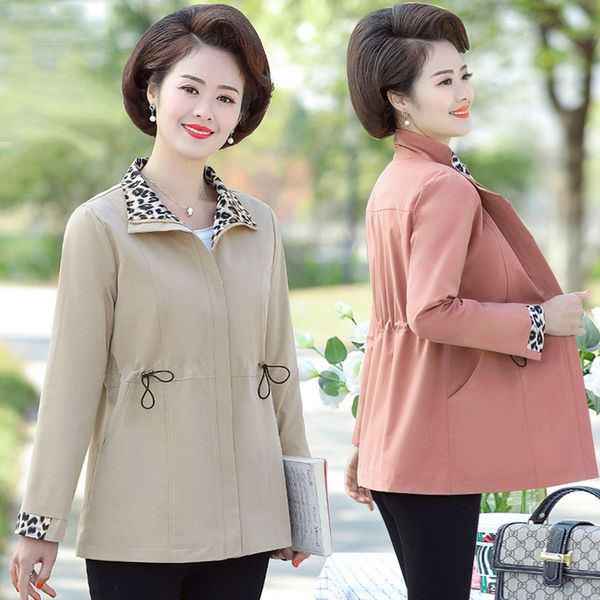 

2020 middle-aged women windbreaker spring autumn jacket coat long-sleeved zipper leopard plus size casual outerwear & coats, Tan;black