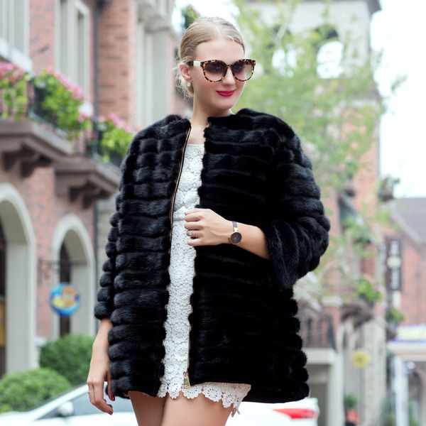 

2018selling models in autumn and winter mink coat, women's natural striped black leather coat fur coat 70 cm ms