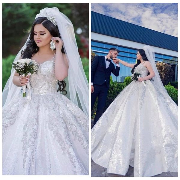 

spaghetti strips ball gown wedding dresses lace appliques middle east 2021 sequins formal bridal gowns garden vestidos de marriage, White