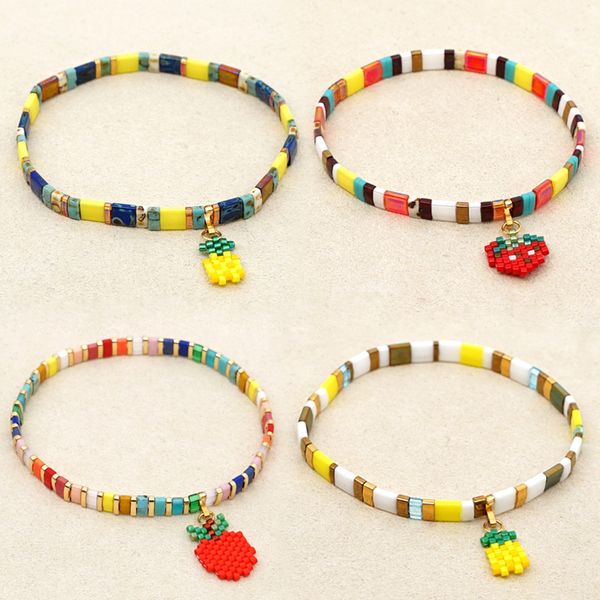 

charm bracelets strawberry pattern heart glass beads pulsera delica miyuki tila bracelet for women summer beach boho jewelry, Golden;silver