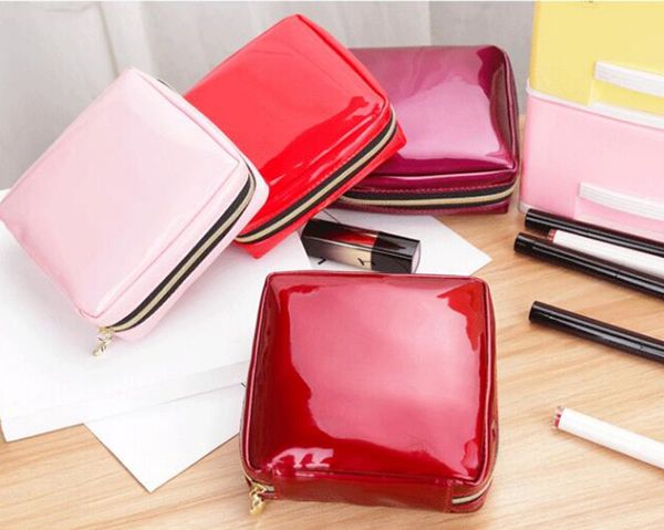 

new arrival women square cosmetic bag patent leather zipper make up female travel cosmetic case toilettas