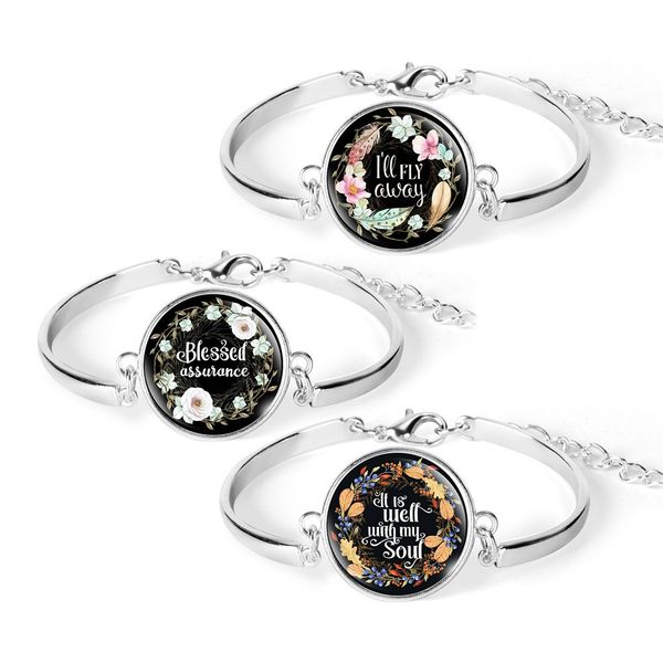 

2019 it is well with my soul bible verse charm bracelet for women glass cabochon silver color metal bracelet christian jewelry, Black