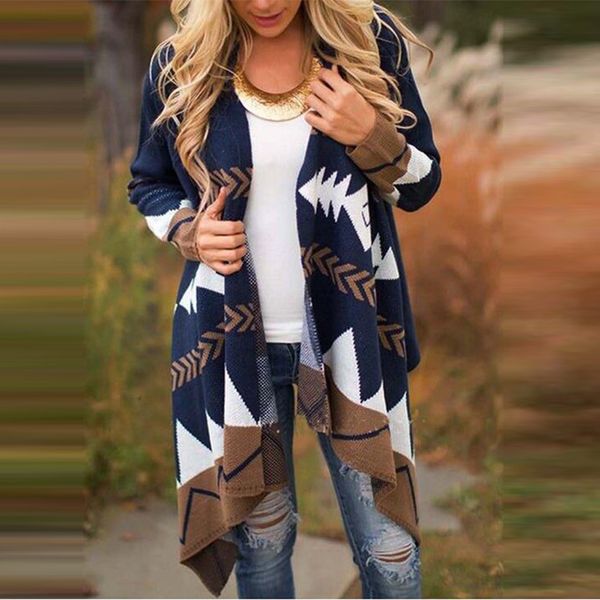 

winter women multicolor print ethnic knit cardard long sleeve irregular coat 2020 warm windproof overcoat cappotto da donna#3, Black