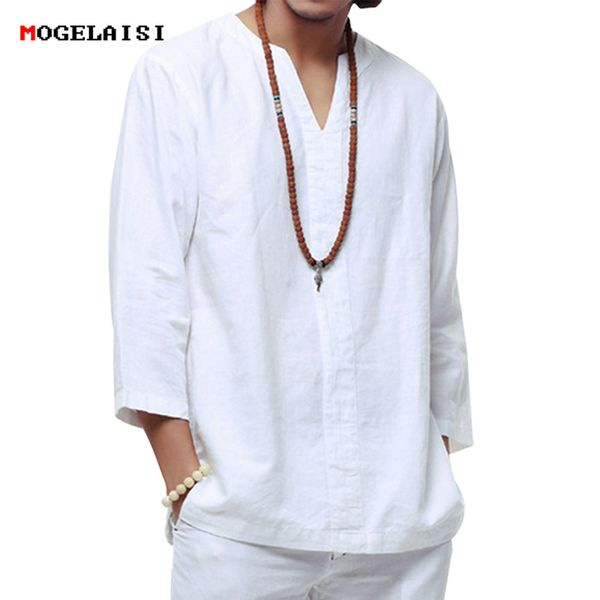 

chinese style linen shirt plus size 4xl/5xl men casual breathable white soft three quarter shirt camisa masculina tx55, White;black