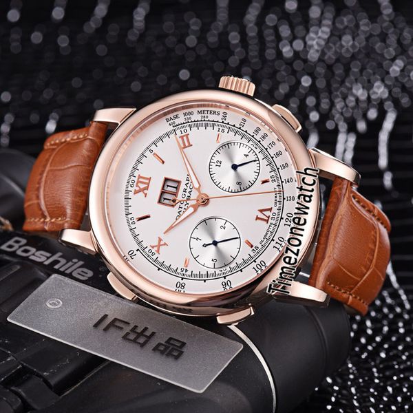 

new rose gold case 42mm gig dage datograph 403.435 white dial hand-winding automatic mens watch brown leather strap watches timezonewatch, Slivery;brown