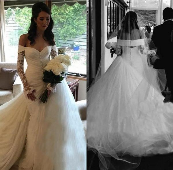 

Sexy Mermaid Wedding Dresses Off The Shoulder Ruffles Tulle Bridal Gowns Front Covered Buttons Custom Made Arabic Wedding Vestidos
