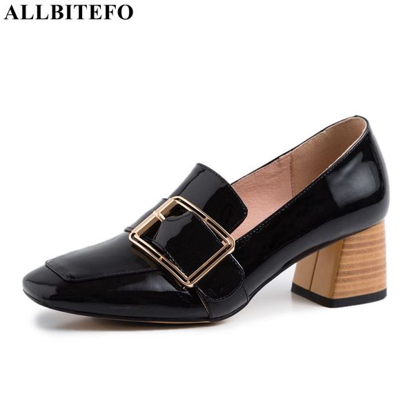 

allbitefo fashion buckle genuine leather square toe high heels women shoes women heel shoes heels, Black