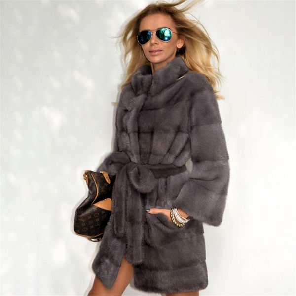 

ur 2019 new fashion dark grey mink coat with fur stand collar medium slim winter real fur coat women plus size outwear coats, Black