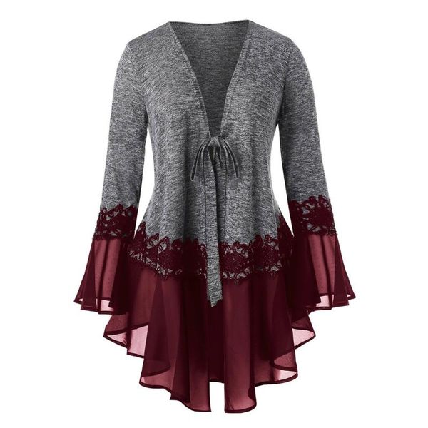 

плюс размер женщины шифоновая блузка старинные пэчворк flare рукавом глубокий v образным вырезом кимоно нерегулярные оборки с длинным рукаво, White