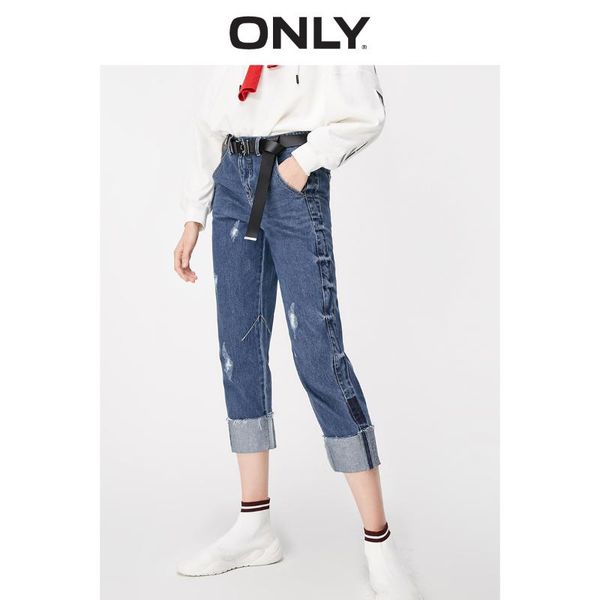 

only women's 100% cotton loose straight fit low-rise crop jeans | 119149606, Blue