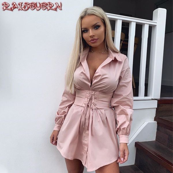 

2019 elegant long sleeve belt bandage autumn winter women party dresses mini shirt dress clothes shirt tunic dress, Black;gray