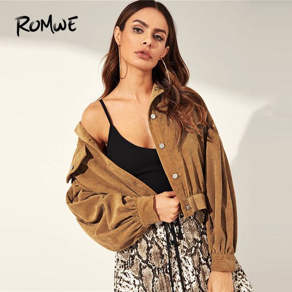 

drop shoulder button up corduroy jacket 2019 camel solid bishop sleeve jackets women spring autumn pocket jackets, Black;brown