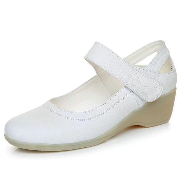 

genuine leather shoes 2020 new spring summer round head hollow wedge shoes white concise casual shoe women high heel, Black