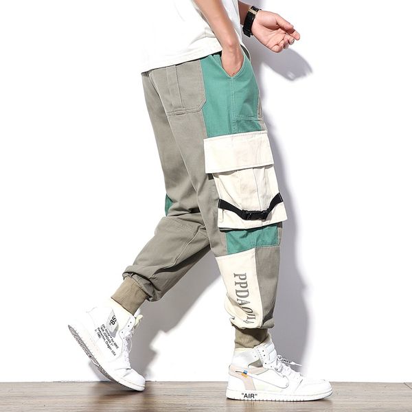 

new original design japan style elastic waist fashion men's joggers trousers color patchwork ribbons casual pants streetwear, Black