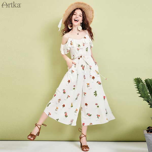 

artka 2019 summer women jumpsuit cute flower print high waist lace up jumpsuit sling ruffle wide leg for women ka15397x, Black;white