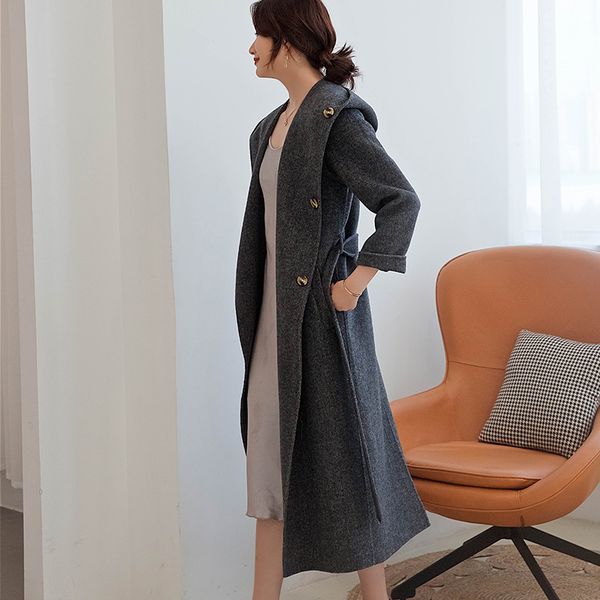 

beliarst 2019 autumn and winter new long coat woman slim fashion cardigan pure wool coat jacket large size wild belt, Black