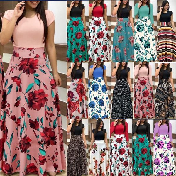 

22 colours s-5xl plus size ladies short sleeve long sleeve floral boho women party bodycon maxi dress clothing, Black;gray
