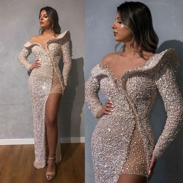 

2020 mermaid evening dresses art deco inspried neck beads sequins tulle prom dress sweep train formal dresses, Black;red