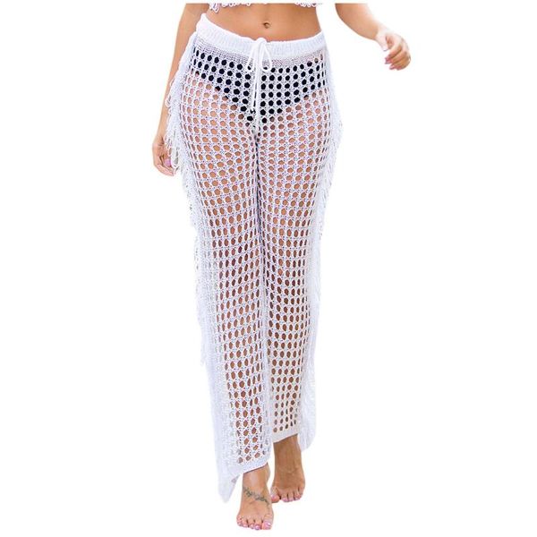 

women fashion spring pants high waist fashion hollow fringe splicing solid color beach pants #37%, Black;white