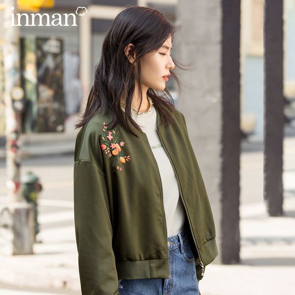 

inman winter fashion baseball collar print dropped shoulder sleeve zipper surcoat, Black;brown