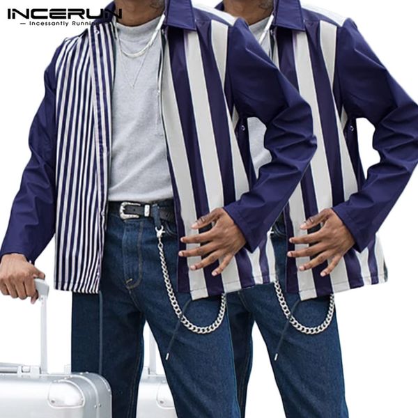 

incerun streetwear men patchwork stripe long sleeve lapel shirt fashion baggy comfort button mens casual blouse camisa masculina, White;black