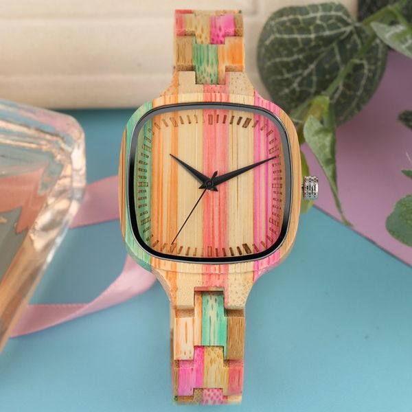 

chic color stitching wood watch womens full wooden bracelet ladies dress clock fashion mixed color bamboo watch horloges vrouwen, Slivery;brown
