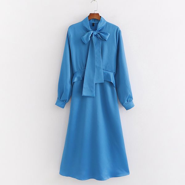 

agong casual loose dresses women fashion bow solid blue dress women elegant long sleeve mid calf dresses female ladies jw, Black;gray