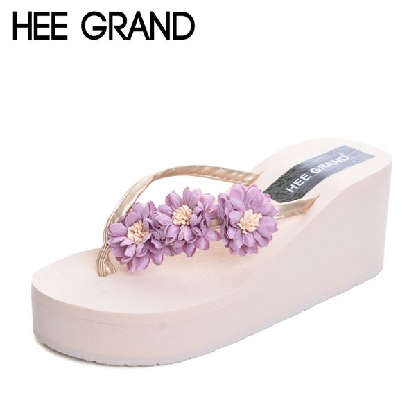 

hee grand beach flowers flip flops 2017 new wedges slides casual platform shoes woman slip on creepers slippers xwt570, Black