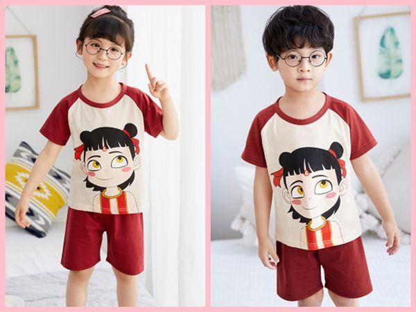 

summer children's pyjamas short sleeve girls sleepwear t-shirt-pants suit kids cartoon pajamas clothing-sets baby boy nightwear, Blue;red