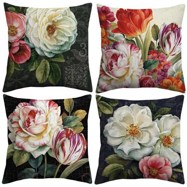 European Vintage Oil Painting Floral Art Cushion Cover Camellia