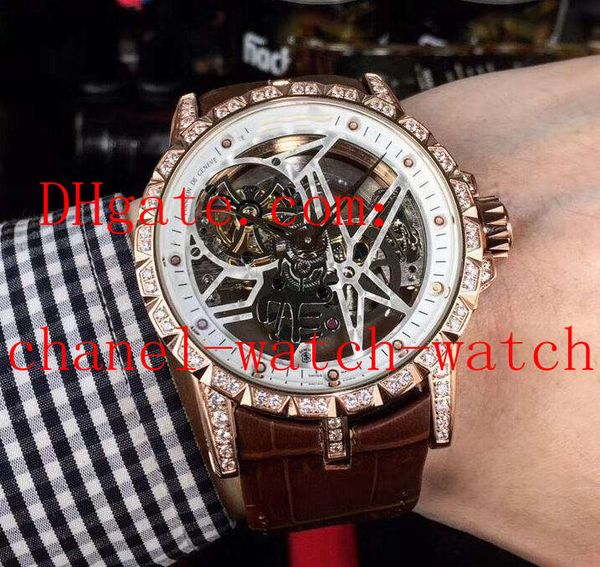 

luxury excalibur 46mm tourbillon diamond automatic machinery movement mens watch 18k rose gold men's date wrist watches leather band, Slivery;brown