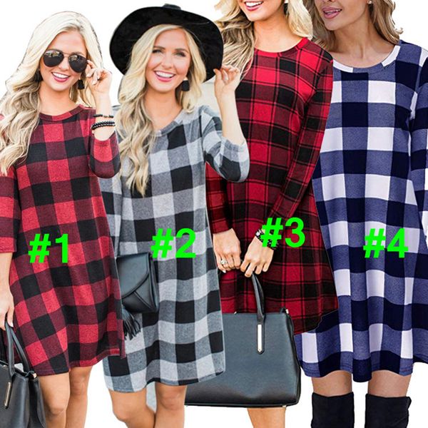 

women plaid dress clothes spring autumn designer o-neck long sleeve swing dress skater party mini dress tunic t-shirt ljja3455, White;black