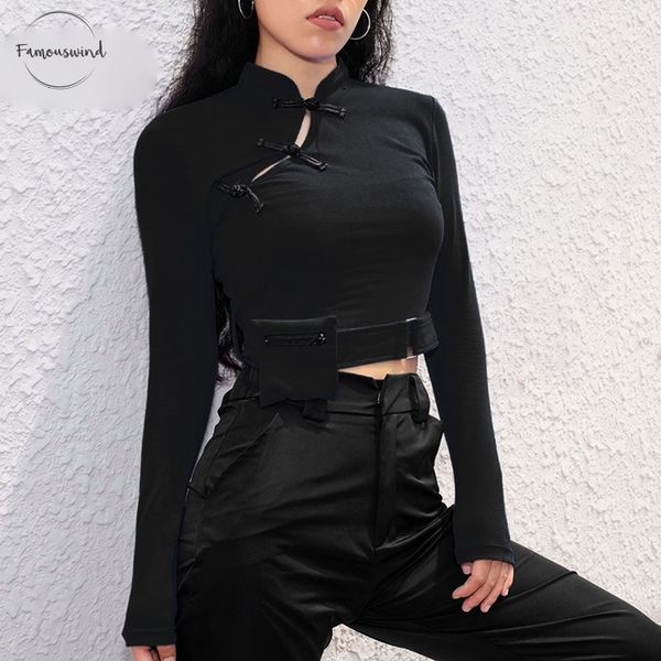 

tshirt китайский стиль с длинным рукавом футболка трикотажное весна осень обрезанные high street женщины шеи экипажа съемный карманный crop, White