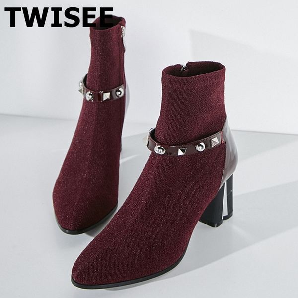 

women mid calf boots rivet selling sapatos femininos pumps autumn point toe woman casual shoes hoof heels solid, Black