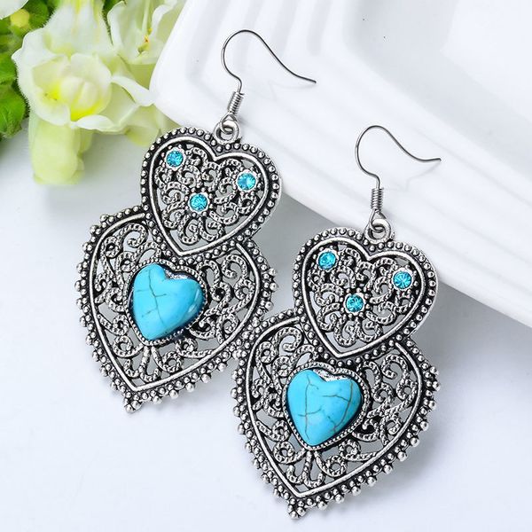 

shuangr vintage heartstone blue natural stone double heart crystal drop earrings for women fine jewelry accessories femme, Silver