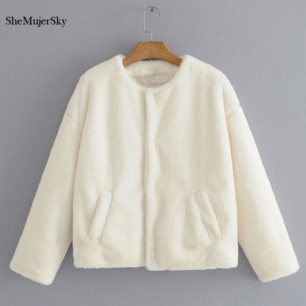 

shemujersky white faux fur winter coat women warm slim furry fake fur outerwear 2018 overcoat, Black