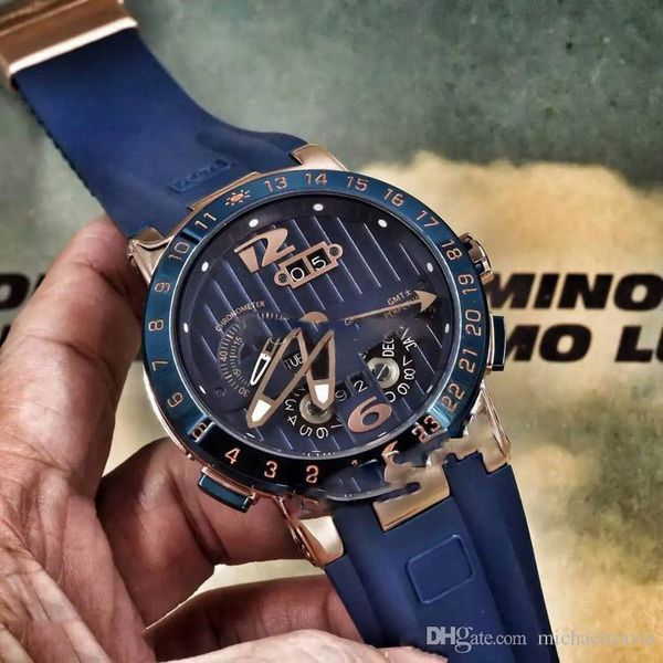 

2019 new ulysse executive el toro/black toro perpetual calendar gmt 326-00-3/bq rose gold blue dial rubber automatic mens watch un-17c3, Slivery;brown