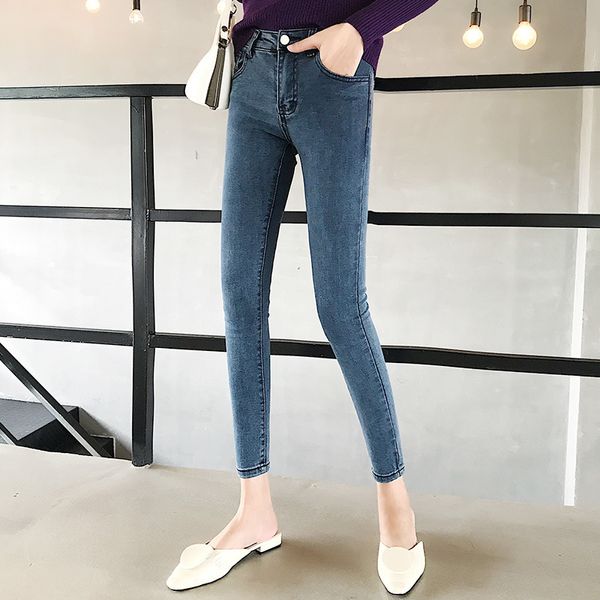 

south korea bluish grey skinny pants capri jeans women's high-waisted cowboy pants high elastic slimming 2019 new style, Blue