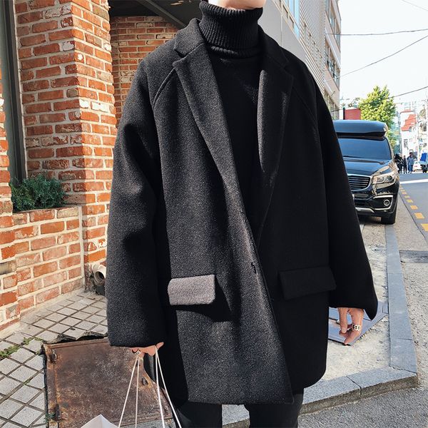 

2019 autumn and winter new korean version of men's europe and the united states loose solid color casual long wool coat, Black