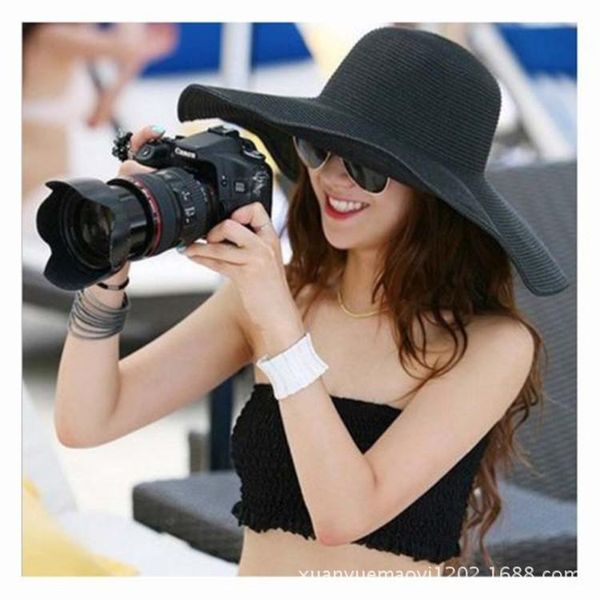 

beach foldable large brimmed solid color straw hat women outdoor holiday shading hat female summer seaside sun visor caps dh1089