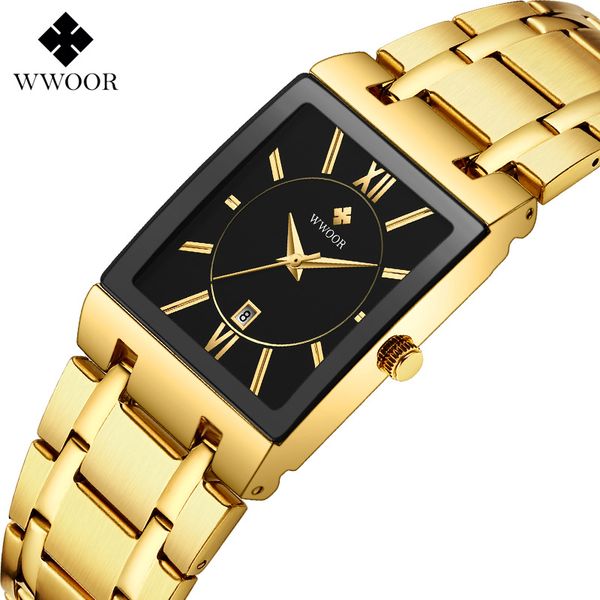 

wwoor 8858 golden rectangle wrist men watches date male clock luxury stainless steel waterproof fashion men quartz watch relojes, Slivery;brown